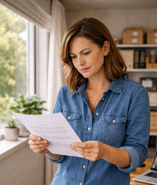 Small Business Owner Reading ATO Super Letter Small business owner reading an ATO style letter about unpaid super and late super guarantee payments at their desk.